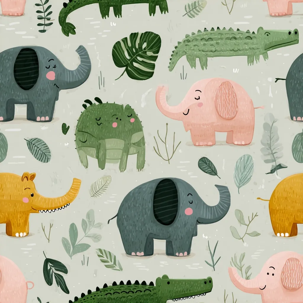 A charming seamless pattern features adorable cartoon animals against a pale green background.  Elephants in various pastel colors, playful crocodiles, and a cute, round dinosaur are interspersed with stylized leaves and foliage.  The textured, hand-drawn style creates a whimsical and childlike aesthetic, perfect for fabric, wallpaper, or children's products.
