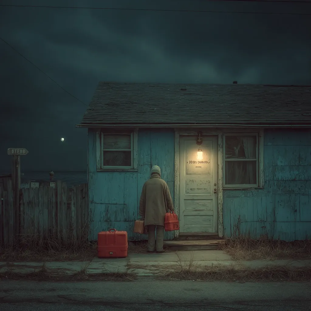 A lone figure, bundled in a coat, stands before a small, dimly lit blue house at night.  Two red suitcases sit at their feet.  A sign above the door reads "Ocean's Coordinator." The scene evokes a sense of solitude and journey's end, possibly a remote coastal location.  The overall mood is melancholic and mysterious.