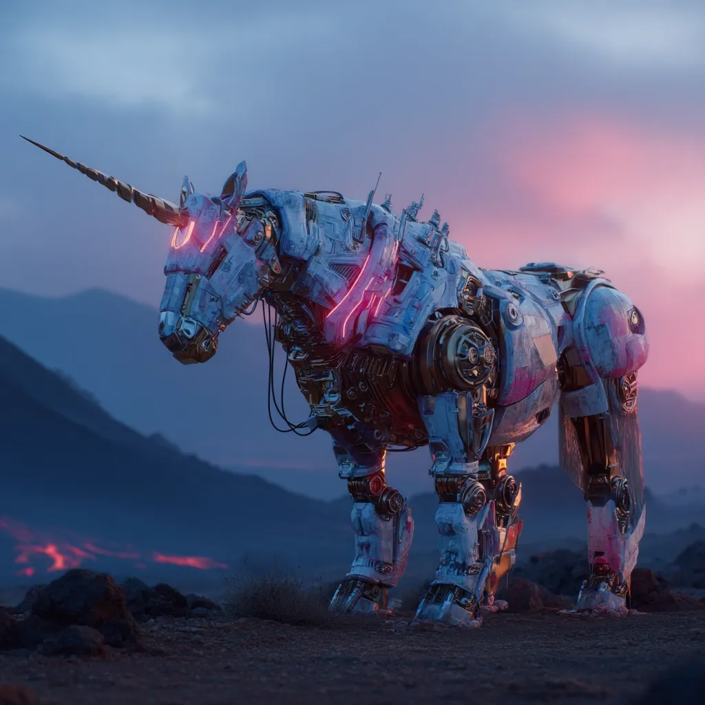 A majestic, mechanized unicorn stands in a desolate, rocky landscape under a vibrant sunset.  Its body is a complex arrangement of metallic plates and exposed gears, painted in a weathered blue and accented with glowing pink lines.  The unicorn's horn is long and sharp, adding to its mythical and futuristic aesthetic. The scene evokes a sense of otherworldly beauty and technological marvel.