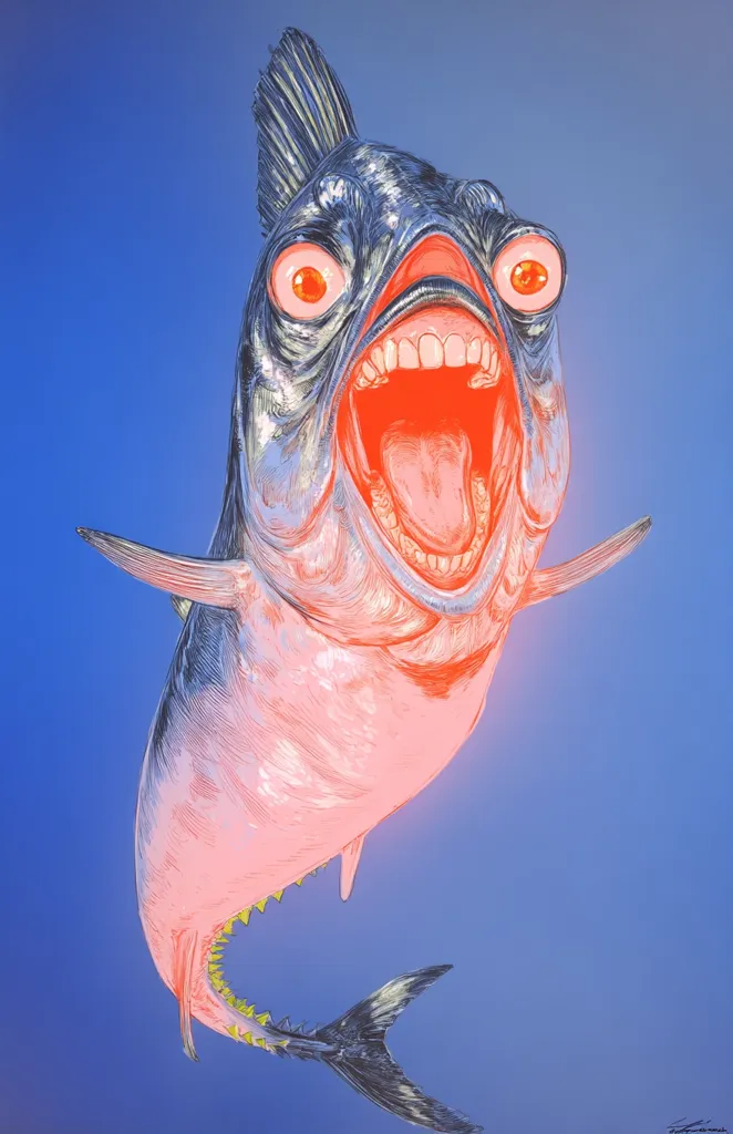 A stylized illustration of a fish, possibly a tuna, leaping out of the water.  Its mouth is wide open in a scream, revealing sharp teeth.  The fish's eyes are large and expressive, and its body is rendered in a vibrant pink and blue color scheme, creating a surreal and slightly unsettling image. The style is reminiscent of a detailed line drawing with added color.