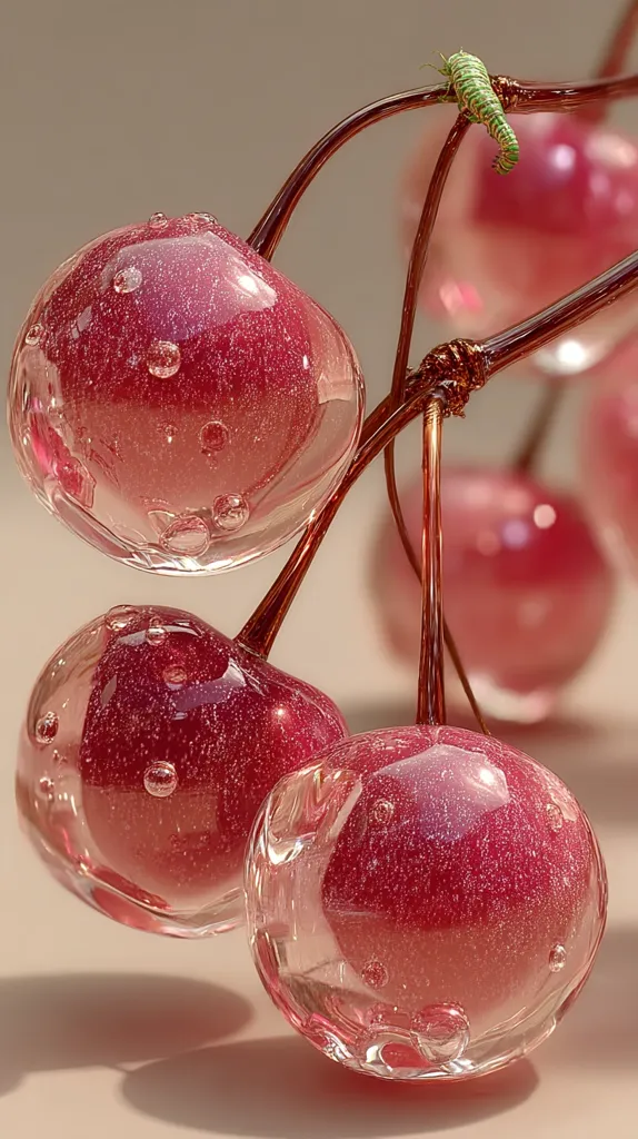 A cluster of glass cherries, crafted with intricate detail, hangs from delicate, brown wire stems.  Each cherry is a translucent, reddish-pink, speckled with tiny air bubbles, giving the impression of real fruit.  A small green insect is perched on one of the stems, adding a whimsical touch to the overall composition. The lighting accentuates the glass's shine and the subtle variations in color.