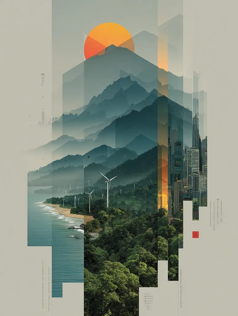 A stylized abstract image juxtaposes a serene coastal landscape with a modern cityscape.  Overlapping geometric shapes create a layered effect, with a large orange sun partially obscured by misty mountains. Wind turbines dot the green hills near a tranquil ocean, suggesting sustainable energy.  The city's skyscrapers rise amidst the natural scenery, implying a blend of urban development and environmental consciousness.  The overall tone is peaceful yet thought-provoking.