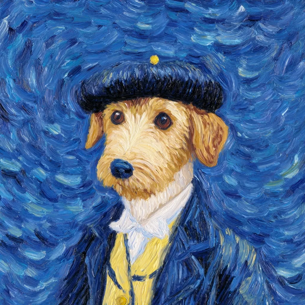 A whimsical oil painting in the style of Van Gogh depicts a dog in a dark blue beret and jacket. The dog, a light brown terrier mix, has a serious expression.  The background is a swirling blue, reminiscent of Van Gogh's brushstrokes. The dog's attire is formal, with a yellow waistcoat peeking beneath the jacket. The overall effect is a playful and artistic portrait.