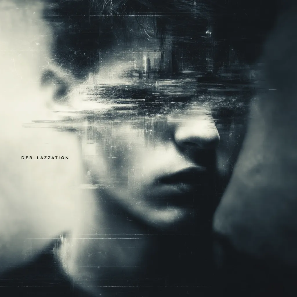 A monochromatic close-up portrait of a person's face, partially obscured by a glitch effect creating horizontal streaks across the eyes. The image is dark and moody, conveying a sense of mystery and unease.  The artist's name, DERLLAZZATION, is subtly placed in the lower left corner. The overall aesthetic is gritty and textured.