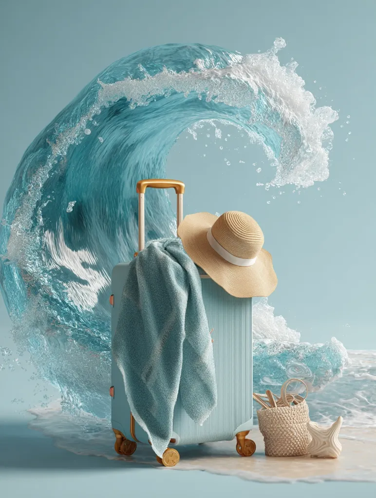 A light blue suitcase with gold accents sits on a beach, partially submerged in a breaking wave.  A matching light blue beach towel and a straw hat rest on top.  A small woven basket containing sunglasses and a seashell completes the scene, evoking a feeling of summer vacation and relaxation near the ocean.