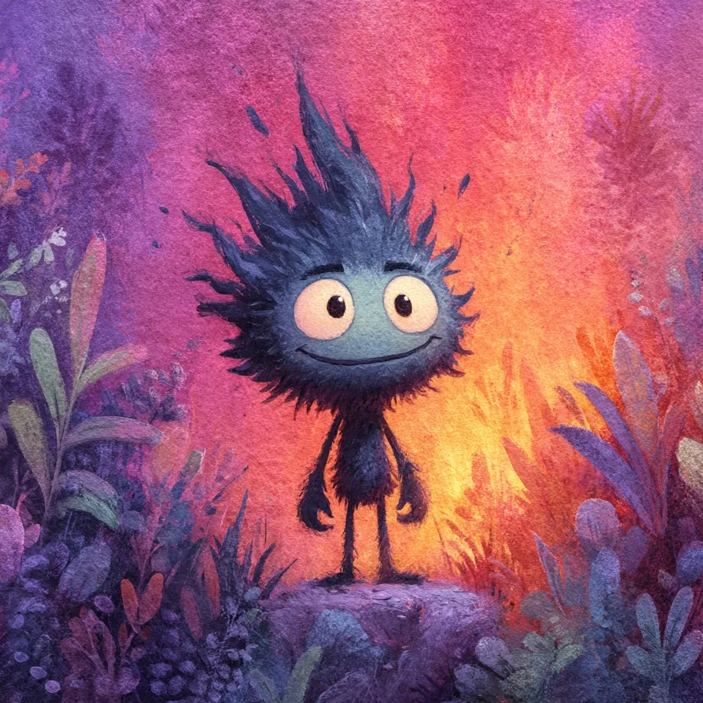 A whimsical, blue creature with spiky hair stands on a rock in a vibrant, fantasy landscape.  The background is painted in warm oranges and purples, suggesting a sunset or magical glow.  Surrounding the creature are stylized plants and flowers, creating a dreamy and otherworldly atmosphere. The creature's expression is cheerful and welcoming.