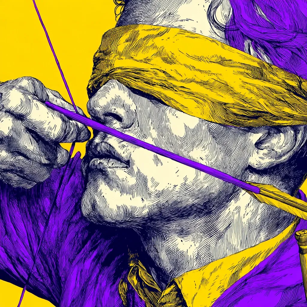 A stylized illustration depicts a blindfolded person aiming a bow and arrow.  The image is rendered in a bold, graphic style with contrasting purple and yellow tones.  The person's face is detailed, showcasing intense concentration despite the blindfold. The style is reminiscent of woodcut or linocut printmaking, with heavy black lines defining form and texture.  The overall effect is dramatic and symbolic.
