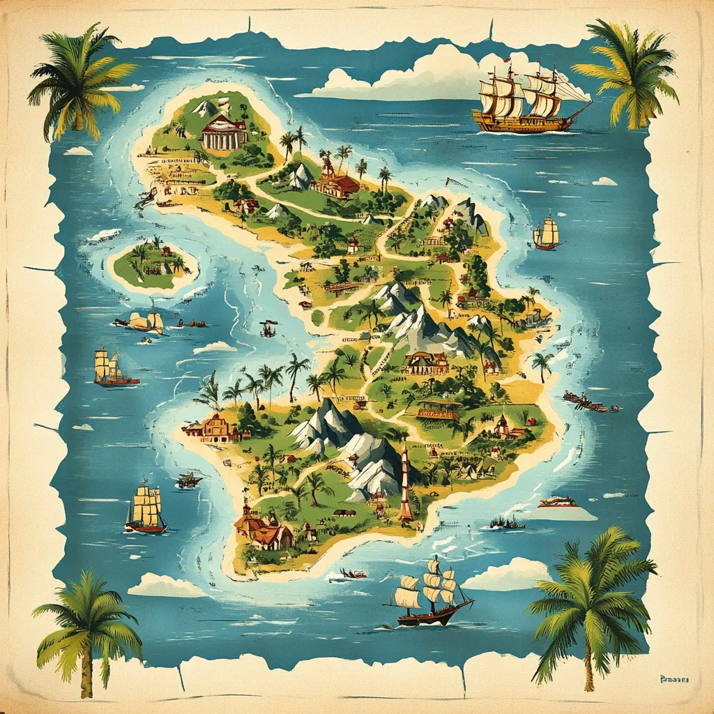 A whimsical, illustrated map depicts a tropical island brimming with life.  Sailing ships encircle the island's shores, while palm trees and various buildings dot its lush landscape. Mountains rise in the center, and a lighthouse stands tall on the coast. The style evokes a vintage travel poster or treasure map, filled with charming detail and vibrant colors.  The overall impression is one of adventure and idyllic escapism.