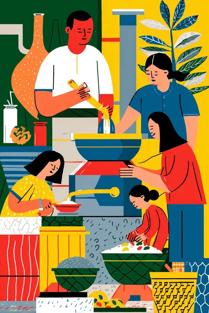 A vibrant illustration depicts a family collaboratively preparing a meal.  Adults and children work together, pouring liquids, stirring ingredients, and adding rice to bowls.  The scene is rich with bold colors and geometric shapes, showcasing a bustling kitchen filled with various food preparation tools and containers.  The overall mood is one of warmth and family unity centered around cooking.