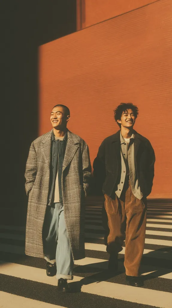 Two young men stroll across a pedestrian crossing, bathed in warm sunlight against a burnt orange wall. One wears a plaid overcoat and light blue jeans, while the other sports a dark jacket and corduroy pants.  Both men are smiling, projecting a relaxed and friendly demeanor. The overall image is stylish and evokes a feeling of casual urban coolness.
