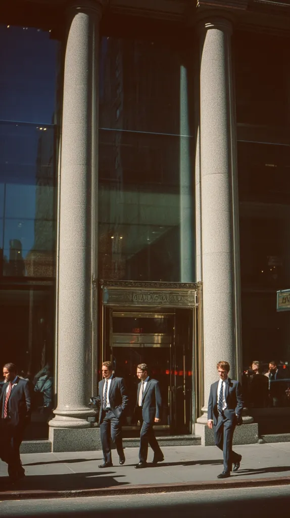 Three men in dark suits walk past a grand building with large, gleaming columns and glass doors. The building reflects the city's skyline.  A fourth man in a suit stands slightly behind, and others are visible in the background. The scene is bathed in bright sunlight, casting shadows on the pavement. The overall atmosphere is one of business and urban sophistication.