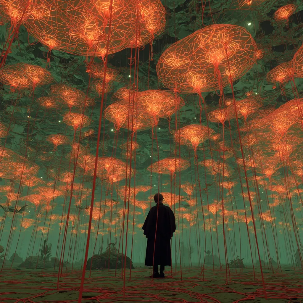 A lone figure in a dark robe stands amidst a surreal, underwater forest.  Hundreds of glowing, bioluminescent organisms resembling jellyfish hang from above, their orange tendrils extending downwards.  The water is a murky green, and the overall atmosphere is both mysterious and serene, suggestive of an alien or fantastical landscape.