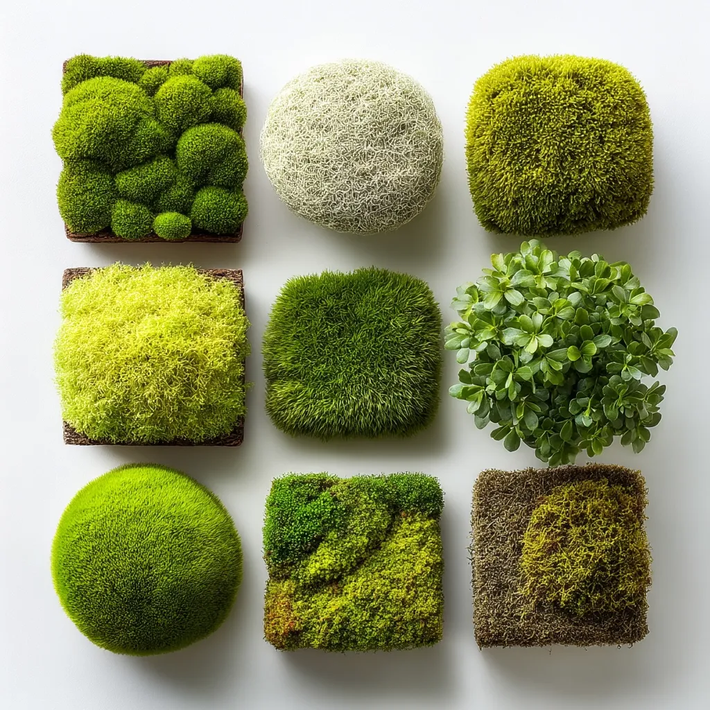 A grid displays nine different types of preserved moss and a small green plant.  Shades of green vary from light to dark, with textures ranging from fluffy to coarse.  Shapes include squares, circles, and irregular forms, creating a visually appealing arrangement.  The items appear to be wall décor or small landscape features.