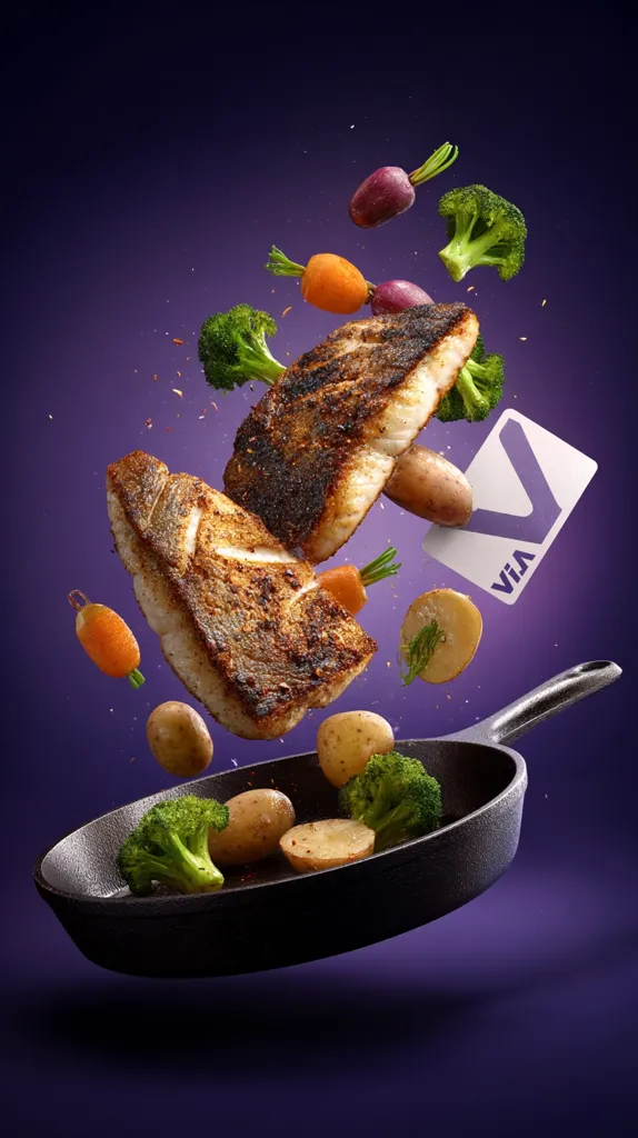 Two seasoned fish fillets, roasted potatoes, broccoli florets, and baby carrots are suspended mid-air above a cast iron skillet.  The ingredients appear to be falling into the pan against a deep purple backdrop. A Visa card is also visible among the falling food.  The image evokes a sense of motion and deliciousness.