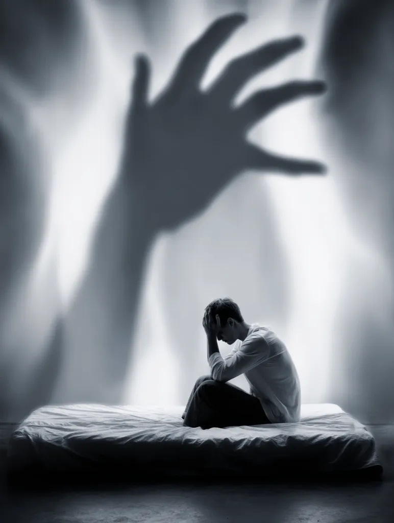 A monochrome image depicts a young man sitting on a bed, head in hands, exhibiting distress.  Behind him, a large, ominous shadow of a hand looms, suggesting a feeling of oppression or threat. The overall mood is one of intense anxiety and vulnerability, possibly representing mental health struggles or overwhelming pressure. The dimly lit setting adds to the somber atmosphere.