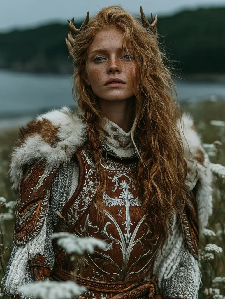 A young, freckled woman with long, reddish-brown hair wears an ornate, leather breastplate adorned with silver detailing.  A crown of antlers rests atop her head.  She's dressed in a fur-trimmed garment and chainmail, standing amidst wildflowers near a body of water. The overall aesthetic is fantasy-inspired, suggesting a warrior princess or mythical figure.  Her expression is serious and direct.