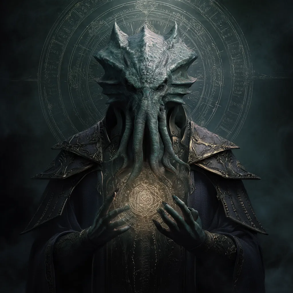 A dark, dramatic depiction of a powerful, otherworldly being.  The creature, resembling a cephalopod in humanoid form, wears ornate, dark robes and holds a glowing, circular symbol.  Intricate, arcane symbols surround the figure, suggesting immense magical power or ancient knowledge. The overall atmosphere is mysterious and ominous.