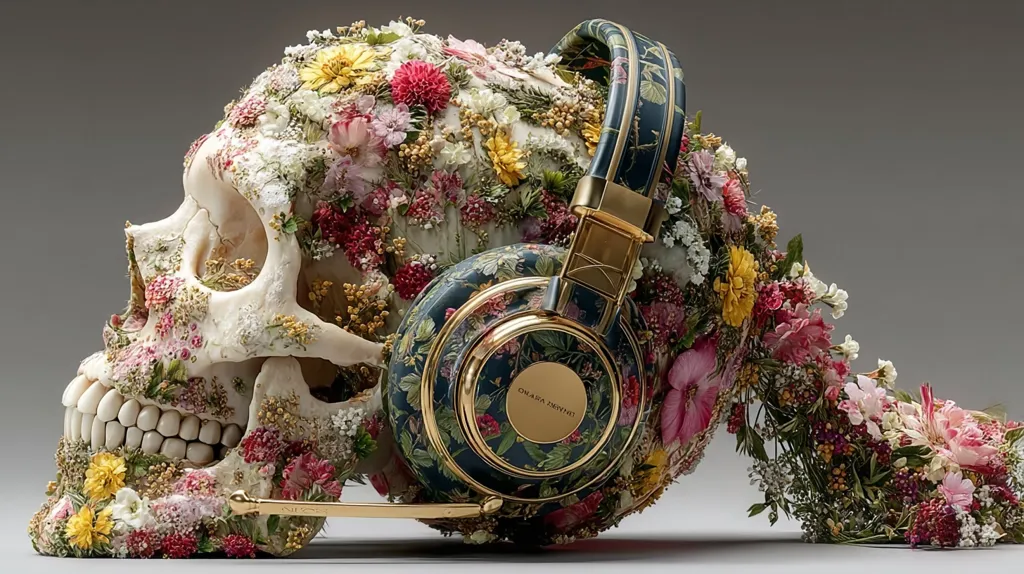 A human skull, meticulously adorned with an array of vibrant pressed flowers, serves as a striking base for a pair of luxurious headphones.  The headphones, featuring a dark floral design and gold accents, rest elegantly against the skull's floral covering.  The image presents a juxtaposition of life and death, beauty and decay, creating a visually arresting and thought-provoking composition.