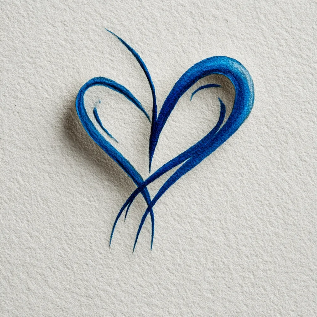A stylized blue heart is painted on textured off-white paper. The heart is formed by flowing, interwoven lines, creating a sense of movement and fluidity.  The blue paint is vibrant, contrasting against the subtle background.  The overall impression is one of artistic expression and romantic symbolism.