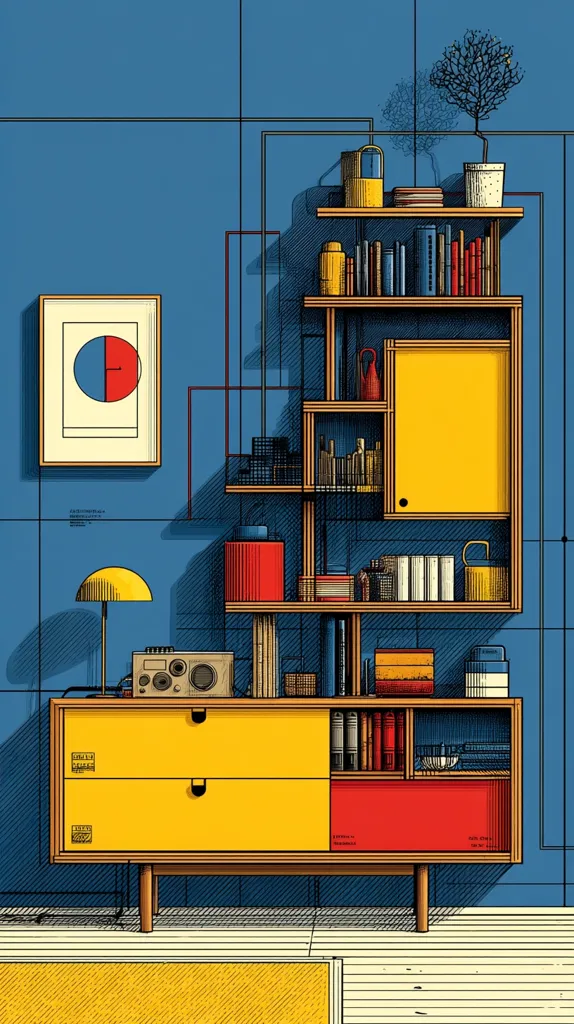 A mid-century modern illustration showcases a vibrant room.  A bold yellow and red sideboard, paired with a matching, multi-level shelving unit, dominates the scene against a deep blue wall.  The shelves are filled with books, plants, and decorative objects.  A simple geometric artwork and a yellow lamp add to the retro aesthetic.  The overall style is clean-lined and meticulously detailed.