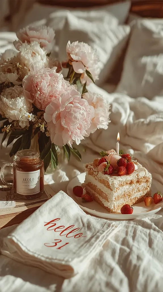 A birthday scene is set on a bed with soft, white linens.  A delicious-looking layered cake, adorned with strawberries and a single candle, sits on a plate.  A bouquet of pale pink peonies adds a touch of elegance.  A small jar of coffee and a linen napkin embroidered with "hello 31" complete the tranquil and celebratory atmosphere.  The overall aesthetic is soft, warm, and inviting.