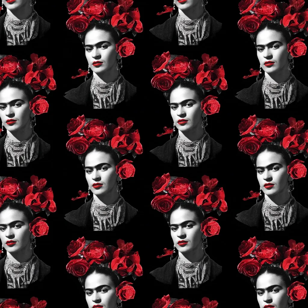 A repeating pattern features Frida Kahlo's portrait in black and white, adorned with a vibrant crown of red roses. The stark contrast between the monochrome image and the bright flowers creates a striking visual effect.  The pattern is seamlessly tiled, offering a bold and artistic design suitable for various applications.