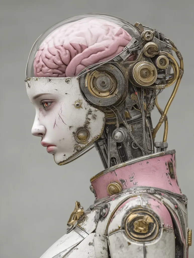 A profile view of a female robot with a visible, exposed brain within a transparent casing. The robot's head is a complex amalgamation of mechanical parts, with visible gears and wiring.  The body is predominantly white with distressed paint, accented with pale pink and gold detailing, suggesting a steampunk or retro-futuristic aesthetic. The robot's expression is serene and slightly melancholic.