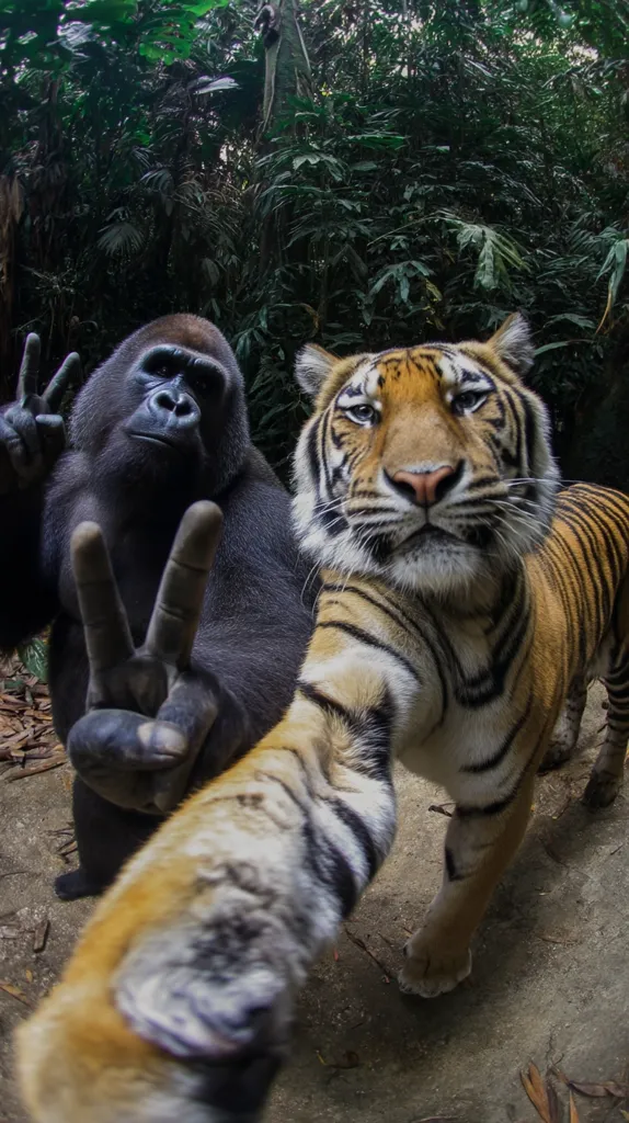 A playful selfie featuring a gorilla and a tiger. The gorilla is making a peace sign with both hands while the tiger extends its paw towards the camera.  Both animals appear relaxed and comfortable with each other, creating a humorous and unexpected composition. The lush green background suggests a tropical or jungle environment.