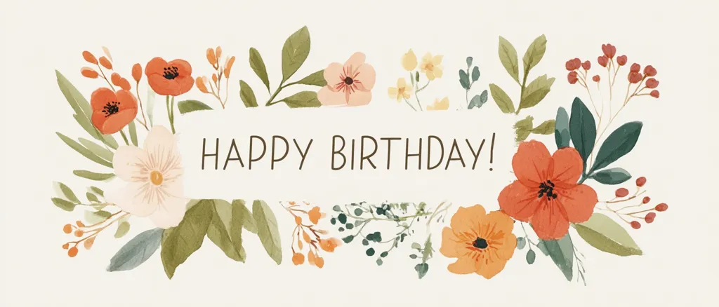 A watercolor-style birthday card features a rectangular banner with "Happy Birthday!" in a simple serif font.  The banner is surrounded by a vibrant arrangement of orange and peach flowers, green leaves, and small berry sprigs, creating a beautiful and festive floral border. The overall style is soft, elegant, and perfect for a celebratory greeting.
