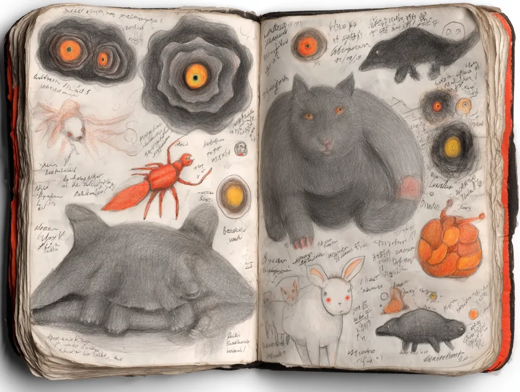 An open sketchbook displays fantastical creatures and celestial bodies drawn in pencil and colored crayon.  The left page features a fish, a crab-like insect, a ray, and several swirling, dark-colored circles with bright centers.  The right page shows a large, dark bear-like creature, a white rabbit, a smaller dark creature resembling a seal, and more orange and yellow celestial illustrations.  Handwritten notes and labels, seemingly in German, accompany each drawing.  The overall style is whimsical and reminiscent of a naturalist's field journal of imaginary lifeforms.