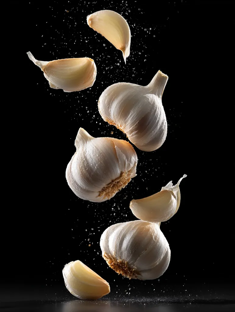 Several garlic bulbs and cloves are captured mid-air against a black background, seemingly frozen in motion.  Water droplets are visible, suggesting a dynamic action shot. The lighting highlights the bulbs' textures and creamy white color, creating a visually striking image of fresh garlic.