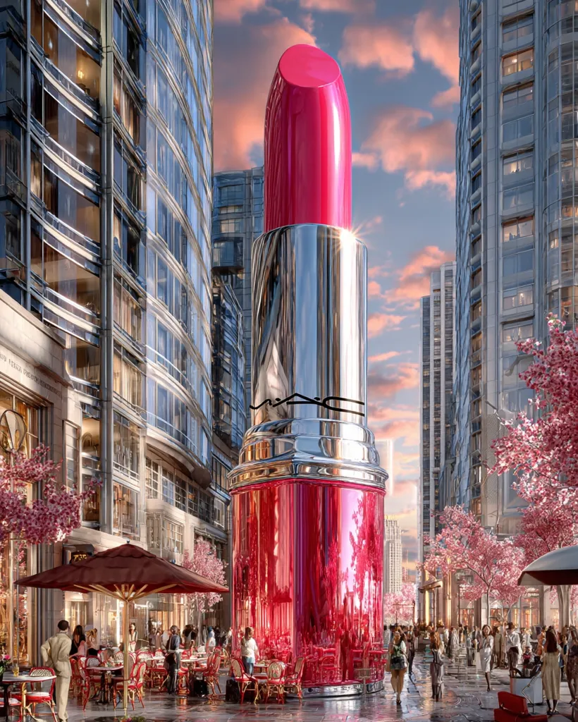 A giant lipstick, reminiscent of a MAC product, stands majestically in a city street scene.  The vibrant pink lipstick is surrounded by modern architecture, and people are enjoying outdoor cafes under blossoming cherry trees.  The scene blends urban sophistication with a playful, bold pop of color, creating a surreal yet captivating visual.