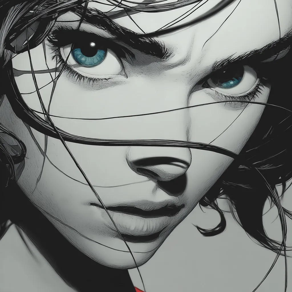 A close-up, stylized illustration of a woman's face.  Her dark hair flows wildly around her features, partially obscuring her view.  She has intense, piercing blue eyes and a serious expression. The monochromatic palette is predominantly grayscale, with a hint of red visible at the bottom edge, creating a dramatic contrast and emphasizing her strong gaze.  The style is reminiscent of graphic novel art.