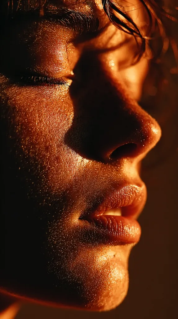 Close-up profile of a person's face, bathed in warm, golden light.  The skin is glistening with sweat or moisture, highlighting its texture. Eyes are closed, and the lips are slightly parted.  Dark hair frames the face. The overall mood is sensual and intimate.