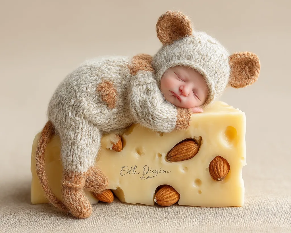 A newborn baby, dressed in a hand-knitted mouse outfit, sleeps peacefully atop a wedge of cheese.  The adorable costume features tan ears and booties, complementing the soft, light grey body.  Several almonds are scattered on the cheese, adding to the charming, whimsical scene. The image is professionally styled for newborn photography.