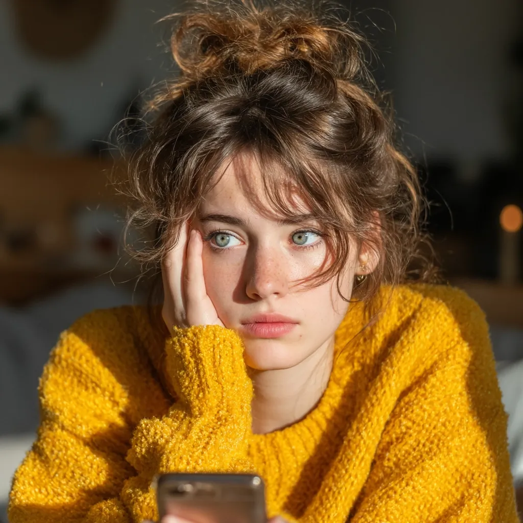 A young woman with light brown, wavy hair in a messy bun rests her head on her hand, gazing pensively.  She's wearing a cozy, mustard-yellow sweater and holds a smartphone.  Sunlight illuminates her face, highlighting her freckles and light-green eyes.  The overall mood is one of quiet contemplation or mild sadness.