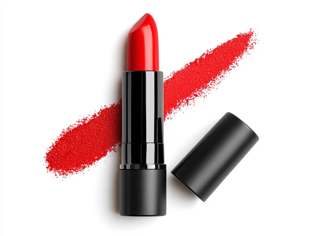 A vibrant red lipstick with a black casing is presented against a stark white background.  A swatch of the lipstick's color is dramatically swiped across the image, creating a bold visual contrast.  The lipstick tube is shown with its cap removed, subtly highlighting the product's texture and color.