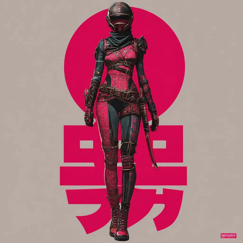 A stylized female figure in cyberpunk-inspired armor stands against a bold pink background.  She wears a helmet,  a predominantly crimson suit with dark accents, and carries a katana.  The design incorporates both futuristic and traditional Japanese elements.  A large pink circle and stylized Japanese characters frame the figure, enhancing the visual impact.  The overall aesthetic is sharp, graphic, and visually striking.