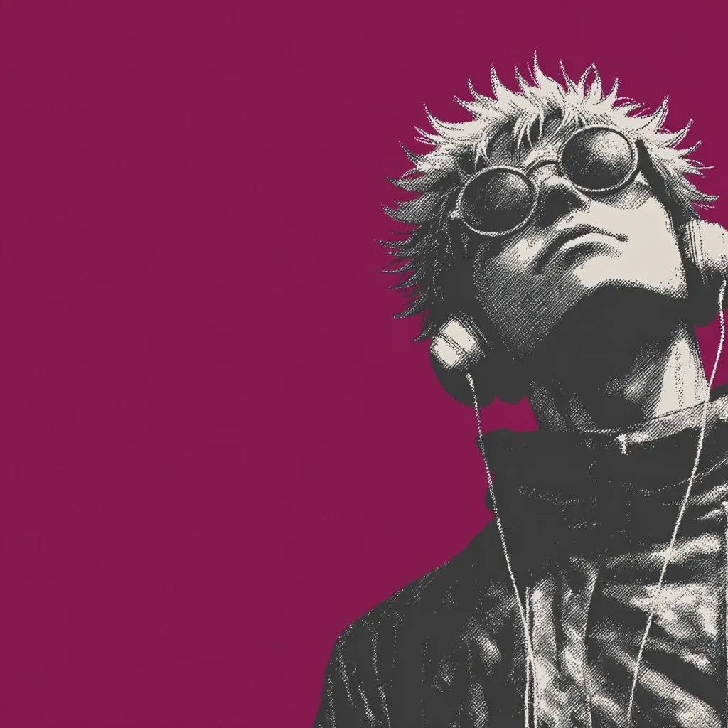 The image shows a stylized black and white portrait of a young person, possibly male, with spiky hair, oversized sunglasses, and headphones.  The individual's head is tilted back, looking upward. The style is reminiscent of graphic novels or manga. The background is a solid, deep maroon or burgundy color, providing a stark contrast to the figure. The overall mood is one of cool detachment or contemplation.