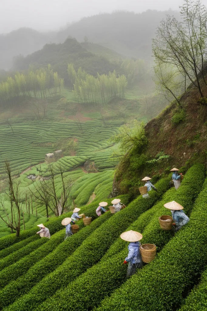 A misty, mountainous landscape in China reveals terraced tea plantations.  Workers in conical hats meticulously harvest tea leaves, their baskets filled with the freshly picked crop. The lush green hillsides create a breathtaking scene, showcasing the meticulous cultivation and labor involved in tea production.  The fog adds an ethereal quality to the image.