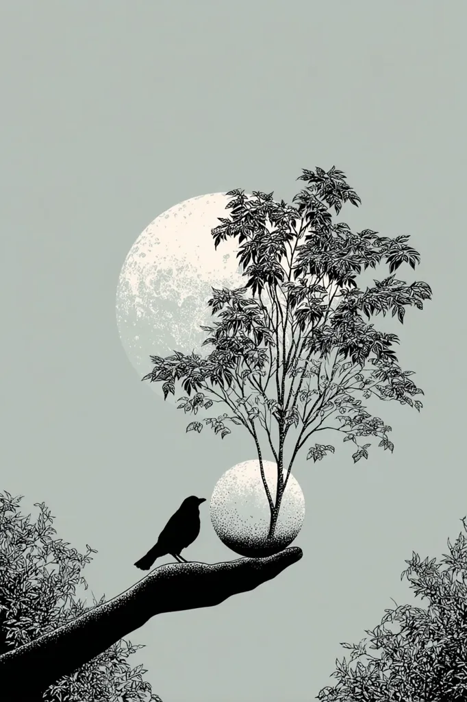 A stylized black and white illustration depicts a hand gently cradling a small tree that sits atop a miniature moon. A bird perches on the hand, observing the scene. A larger moon hangs in the background, adding to the dreamlike atmosphere. The image suggests themes of nature, balance, and tranquility, rendered in a sophisticated graphic style.  The overall color palette is muted, emphasizing the contrast between light and dark.