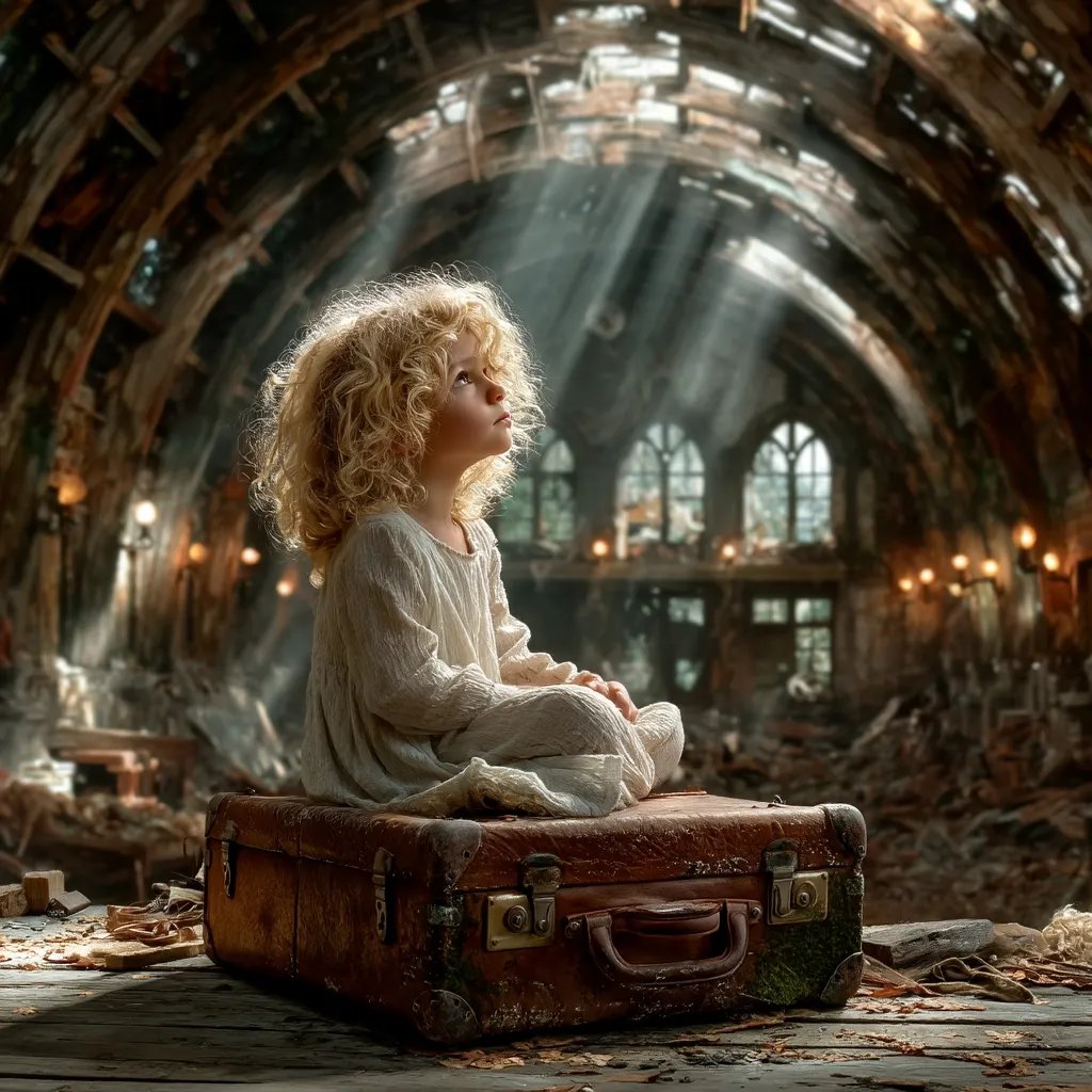 A young child with curly blonde hair sits contemplatively on a vintage suitcase within the ruins of a grand hall.  Sunlight streams through the dilapidated arched ceiling, illuminating dust motes.  The scene evokes a sense of loss and quiet resilience, the child a small figure against the backdrop of decay.  The image is artistically composed, highlighting the contrast between the child's innocence and the surrounding destruction.