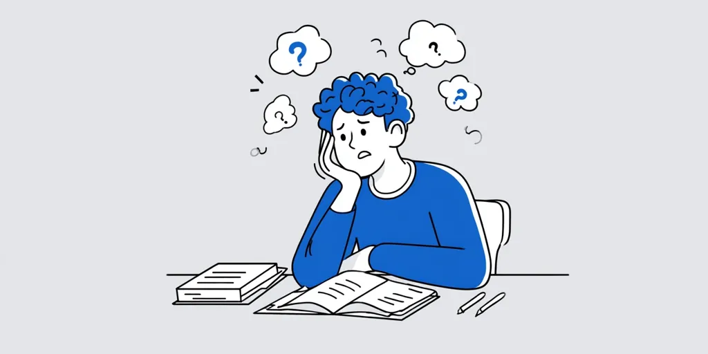 A blue-sweatered person with curly hair sits at a desk, head in hand, looking stressed.  Open books and pencils lie on the desk.  Thought bubbles above their head contain question marks, symbolizing confusion and uncertainty about their studies or work.  The overall impression is one of mental fatigue and difficulty with a task.