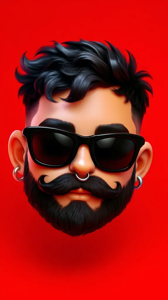 A stylized 3D illustration of a man's head against a vibrant red backdrop. He sports dark, wavy hair, black sunglasses, a well-groomed beard and mustache, and small silver earrings. A nose ring adds a touch of individuality. The rendering emphasizes sharp details and a smooth, glossy texture.  The overall aesthetic is modern and bold.