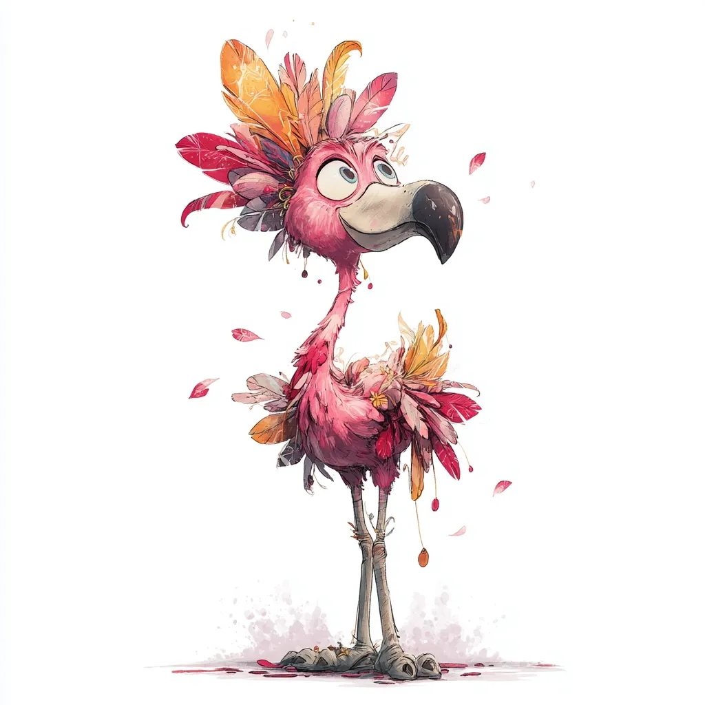 A whimsical illustration of a flamingo adorned with vibrant, ornate feathers.  The flamingo's plumage is a mix of pink and orange, with additional feathers forming a crown-like headdress. Its large eyes and slightly surprised expression give it a charming, cartoonish quality.  The style is reminiscent of children's book illustration, with loose, expressive brushstrokes.  Delicate pink petals scatter around the flamingo's feet, adding to the whimsical scene.