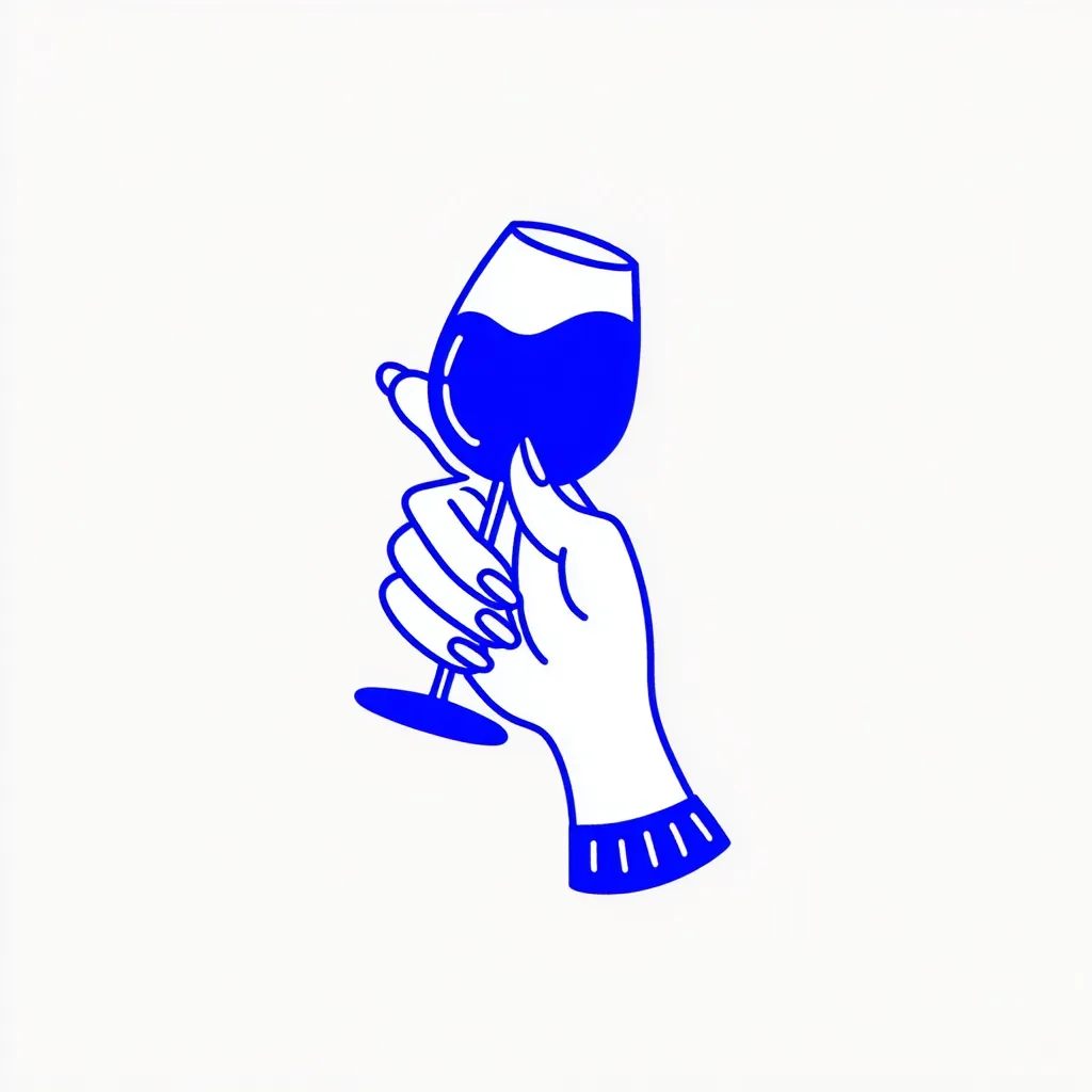 A stylized blue line drawing depicts a hand holding a wine glass filled with red wine.  The hand is elegantly drawn, wearing a cuff, and delicately grasps the stem. The design is clean and simple, suggesting sophistication and perhaps a celebratory toast. The bold blue color adds a modern touch.
