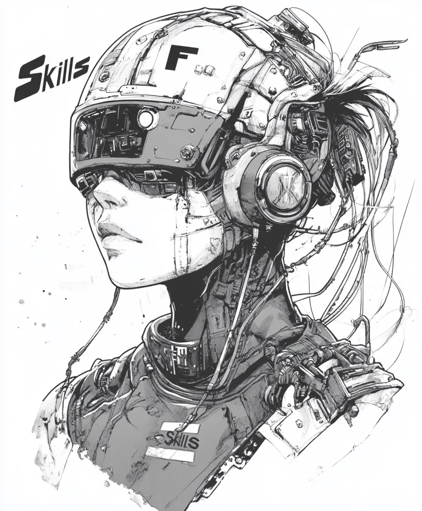 A grayscale illustration depicts a stylized cyborg's head and shoulders.  The cyborg wears a complex helmet with wires and mechanical details, suggesting advanced technology. The face is partially obscured, yet conveys a serene expression. The word "Skills" is subtly incorporated into the design, both on the helmet and garment. The overall style is reminiscent of cyberpunk art, emphasizing intricate mechanical elements and a blend of human and machine aesthetics.