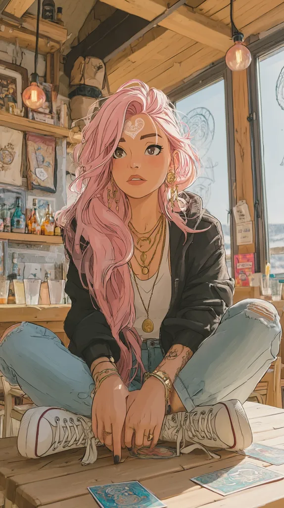 A young woman with long pink hair sits cross-legged on a wooden table in a cafe. She wears a black jacket, light blue jeans, and white sneakers.  Multiple necklaces and bracelets adorn her.  A small, heart-shaped marking is visible on her forehead.  She appears to be looking at tarot cards spread on the table, creating a dreamy, whimsical atmosphere. The cafe setting is warm and inviting, with visible wooden beams and hanging lights.