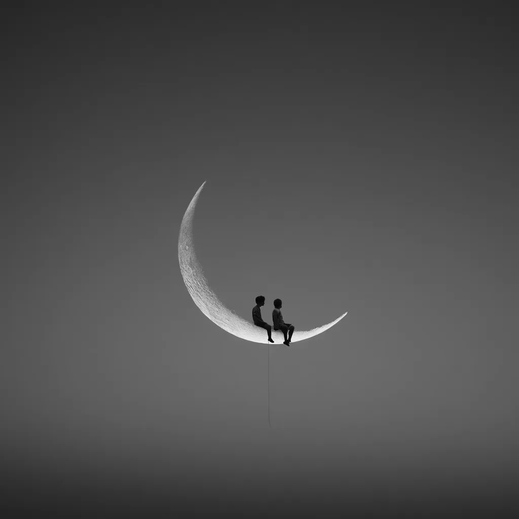 A monochromatic image depicts two children sitting side-by-side on a crescent moon against a muted sky.  The children are silhouetted, their forms simple and dark against the lighter curve of the moon.  The scene is surreal and evokes a sense of quiet contemplation and childhood wonder.  A thin, almost invisible line descends from the moon, suggesting a connection to the earth.