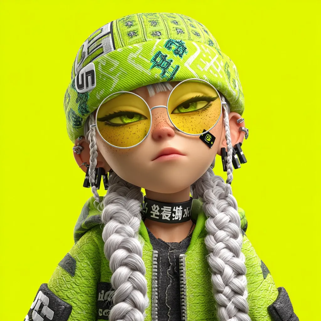 A stylized 3D render of a young woman with vibrant lime green clothing and accessories.  She sports a matching beanie, round yellow-tinted glasses, and long, braided white hair.  Her expression is serious, almost sullen.  The clothing features Asian lettering, adding to her unique, edgy style.  The background is a solid, bright yellow.